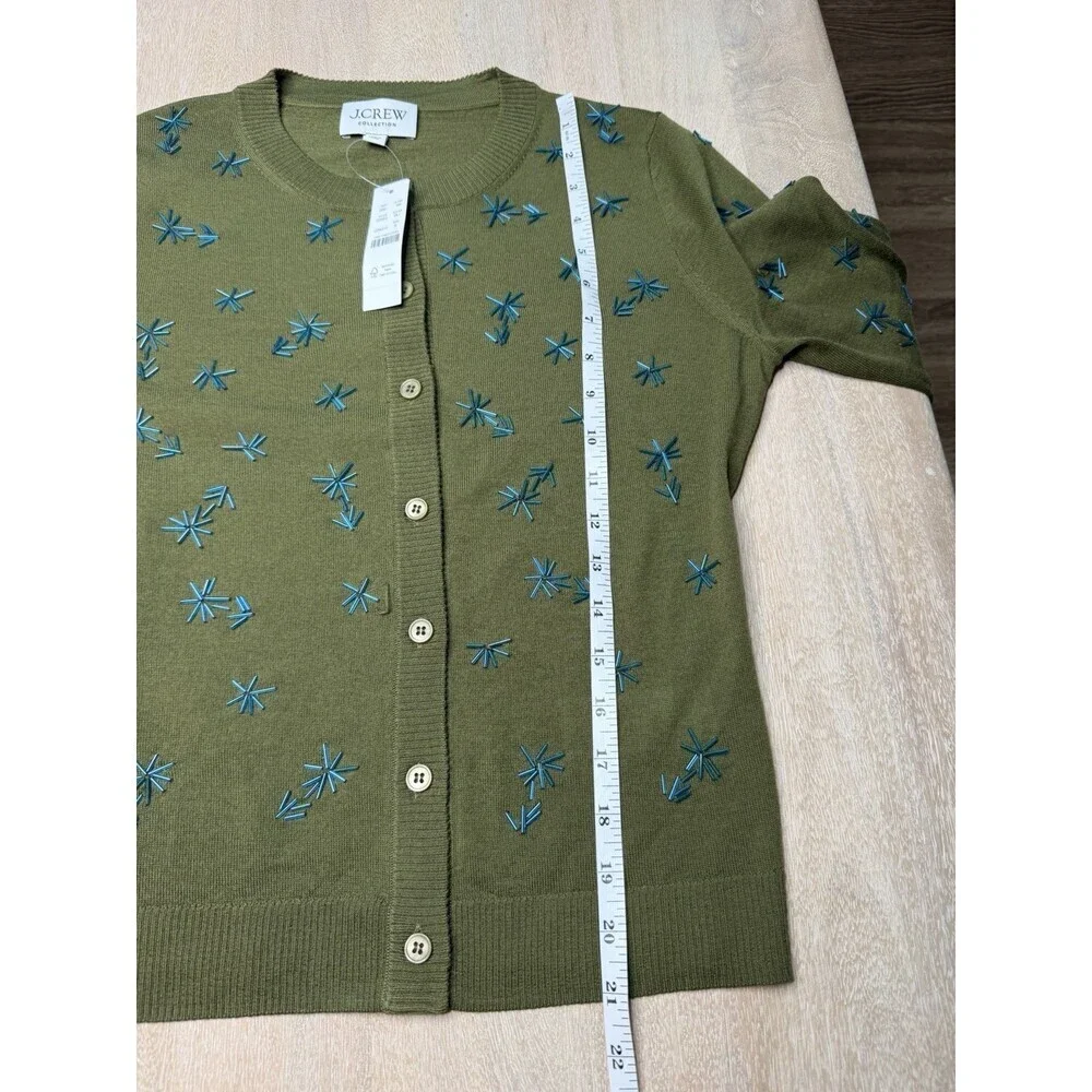 J Crew Collection NWT Crewneck Cardigan in Merino Wool Olive Embellished Small